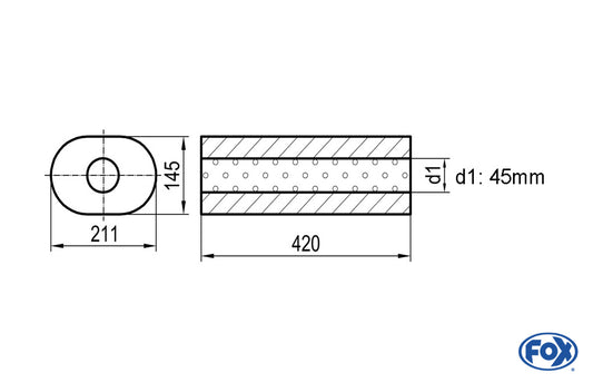 FOX Uni-Schalldämpfer oval ohne Stutzen - Abwicklung 585 211x145mm, d1Ø 45mm, Länge: 420mm