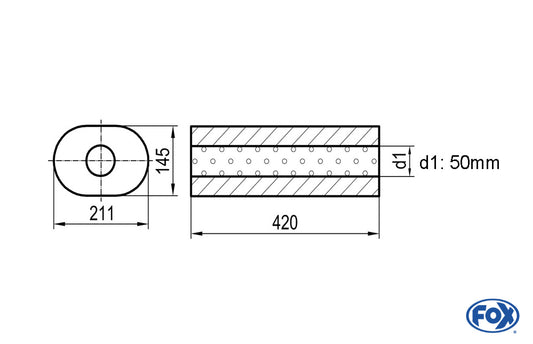 FOX Uni-Schalldämpfer oval ohne Stutzen - Abwicklung 585 211x145mm, d1Ø 50mm, Länge: 420mm