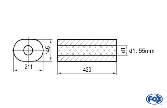 FOX Uni-Schalldämpfer oval ohne Stutzen - Abwicklung 585 211x145mm, d1Ø 55mm, Länge: 420mm