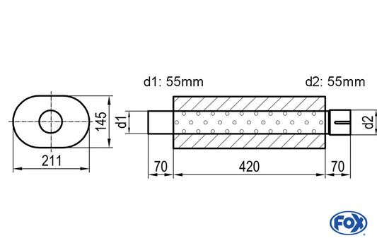 FOX Uni-Schalldämpfer oval mit Stutzen - Abwicklung 585 211x145mm, d1Ø 55mm  d2Ø 55,5mm, Länge: 420mm