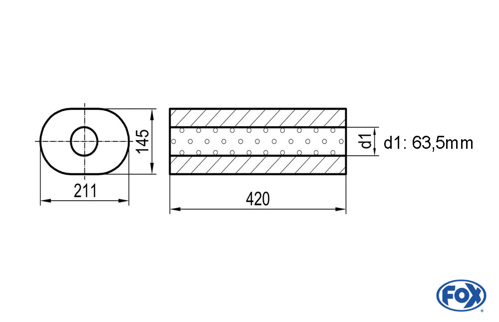 FOX Uni-Schalldämpfer oval ohne Stutzen - Abwicklung 585 211x145mm, d1Ø 63,5mm, Länge: 420mm