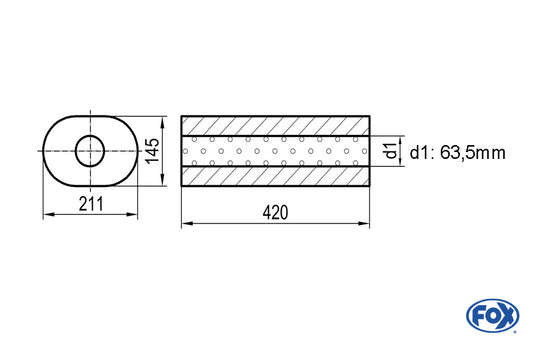 FOX Uni-Schalldämpfer oval ohne Stutzen - Abwicklung 585 211x145mm, d1Ø 63,5mm, Länge: 420mm