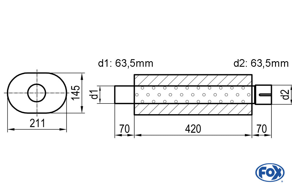 FOX Uni-Schalldämpfer oval mit Stutzen - Abwicklung 585 211x145mm, d1Ø 63,5mm  d2Ø 64mm, Länge: 420mm