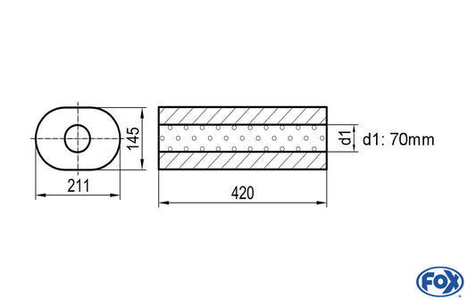 FOX Uni-Schalldämpfer oval ohne Stutzen - Abwicklung 585 211x145mm, d1Ø 70mm, Länge: 420mm