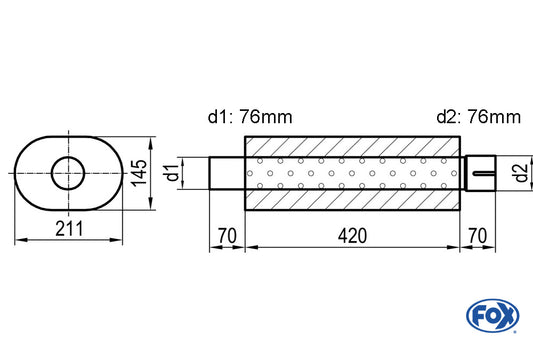 FOX Uni-Schalldämpfer oval mit Stutzen - Abwicklung 585 211x145mm, d1Ø 76mm  d2Ø 76,5mm, Länge: 420mm