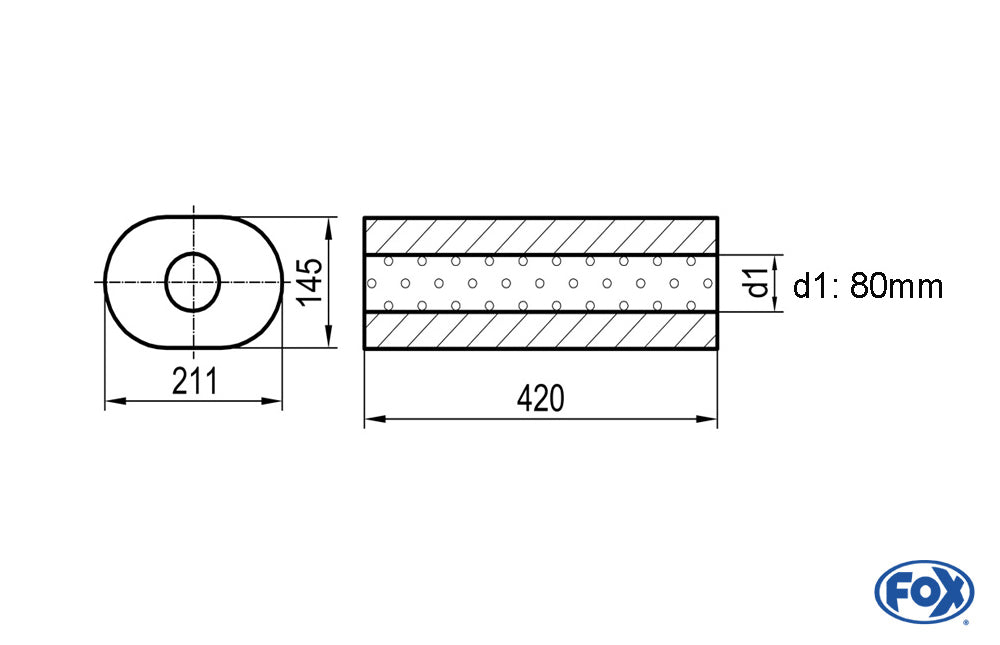 FOX Uni-Schalldämpfer oval ohne Stutzen - Abwicklung 585 211x145mm, d1Ø 80mm außen Länge: 420mm