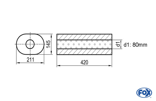 FOX Uni-Schalldämpfer oval ohne Stutzen - Abwicklung 585 211x145mm, d1Ø 80mm außen Länge: 420mm