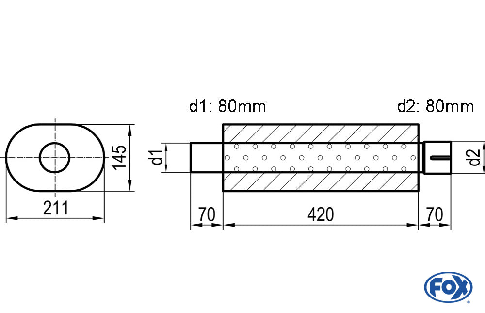 FOX Uni-Schalldämpfer oval mit Stutzen - Abwicklung 585 211x145mm, d1Ø80mm außen - d2Ø80mm innen - Länge: 420mm