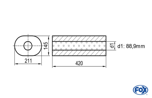 FOX Uni-Schalldämpfer oval ohne Stutzen - Abwicklung 585 211x145mm, d1Ø 88,9mm außen Länge: 420mm