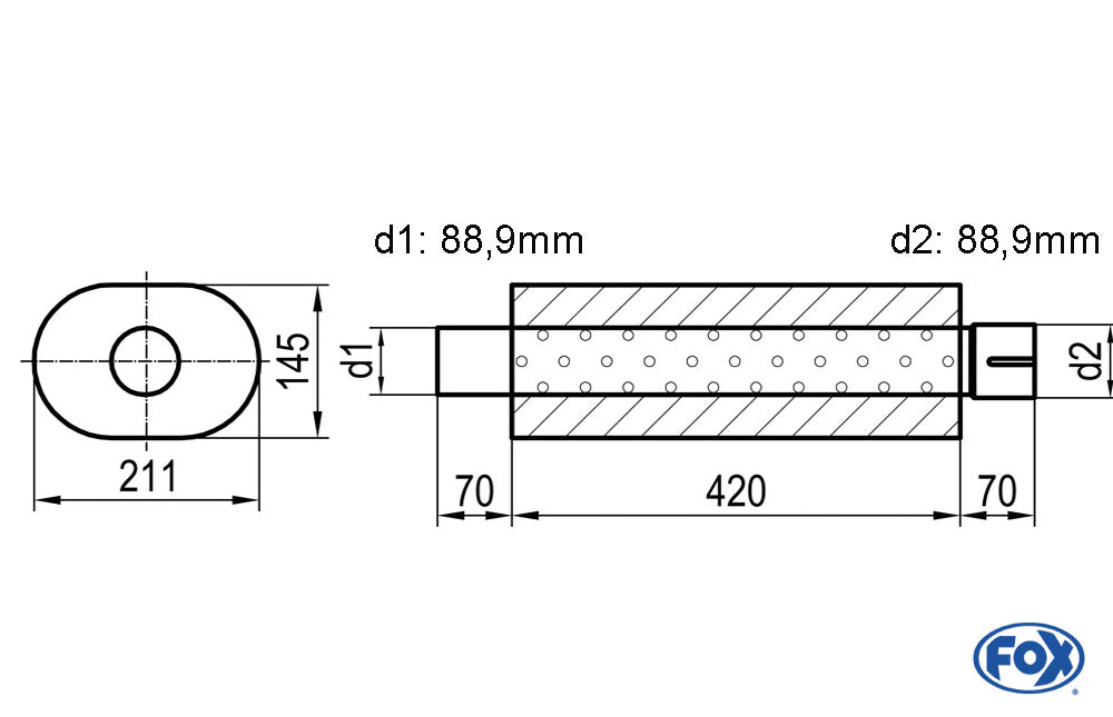 FOX Uni-Schalldämpfer oval mit Stutzen - Abwicklung 585 211x145mm, d1Ø88,9mm außen - d2Ø88,9mm innen - Länge: 420mm