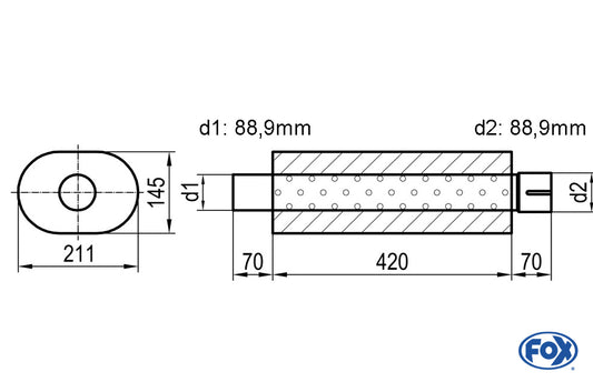 FOX Uni-Schalldämpfer oval mit Stutzen - Abwicklung 585 211x145mm, d1Ø88,9mm außen - d2Ø88,9mm innen - Länge: 420mm