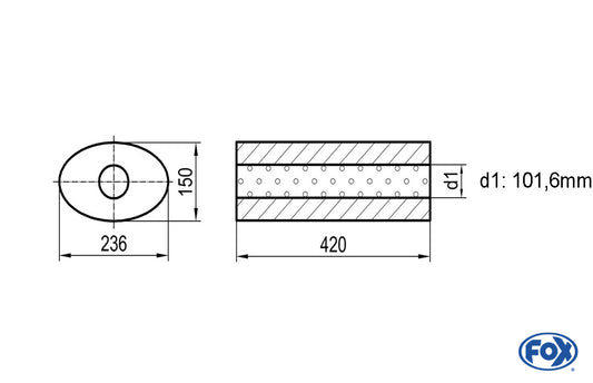 FOX Uni-Schalldämpfer oval ohne Stutzen - Abwicklung 618 236x150mm, d1Ø 101mm außen, Länge: 420mm