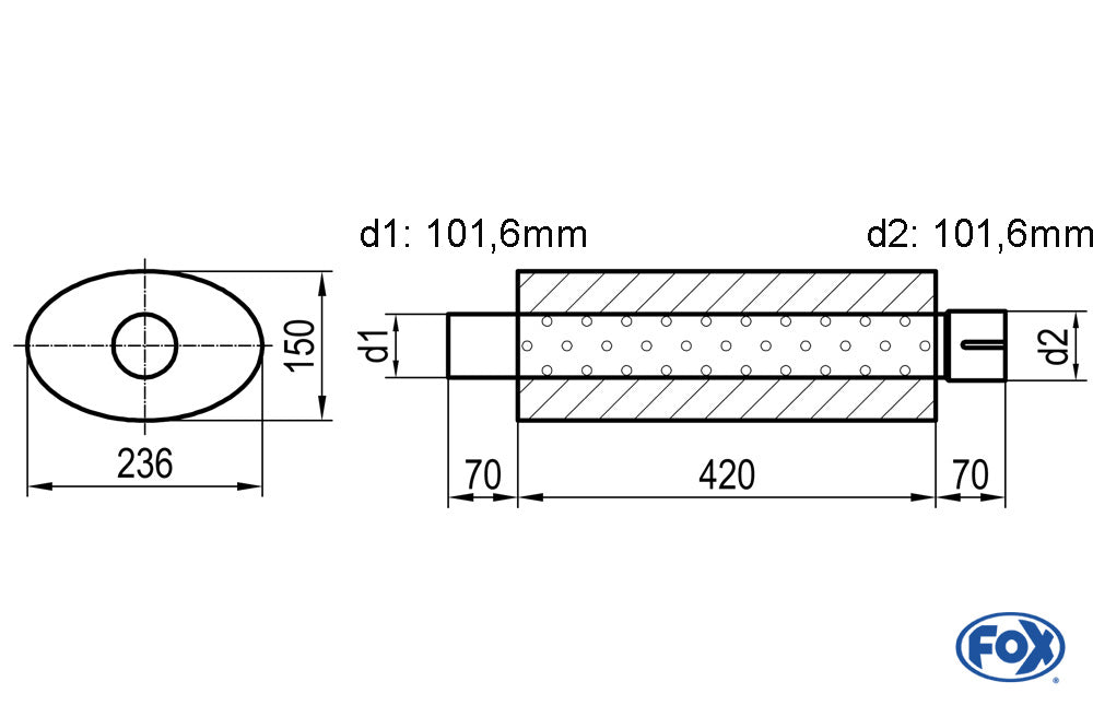 FOX Uni-Schalldämpfer oval mit Stutzen - Abwicklung 618 236x150mm, d1Ø 101,6mm außen - d2Ø 106,6mm innen, Länge: 420mm