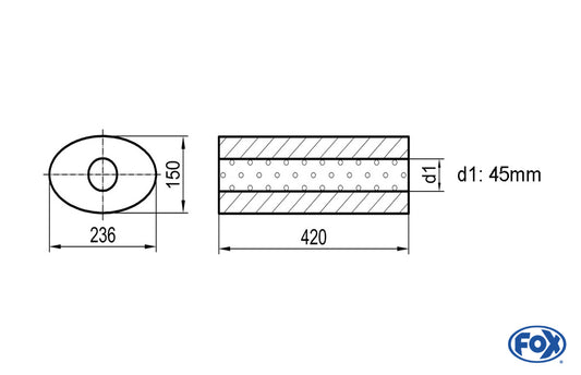 FOX Uni-Schalldämpfer oval ohne Stutzen - Abwicklung 618 236x150mm, d1Ø 45mm, Länge: 420mm