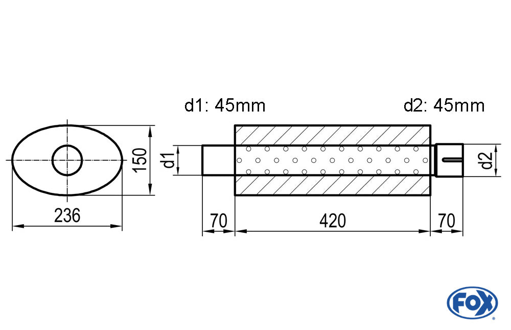 FOX Uni-Schalldämpfer oval mit Stutzen - Abwicklung 618 236x150mm, d1Ø 45mm  d2Ø 45,5mm, Länge: 420mm