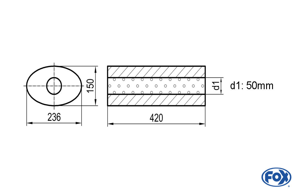 FOX Uni-Schalldämpfer oval ohne Stutzen - Abwicklung 618 236x150mm, d1Ø 50mm, Länge: 420mm