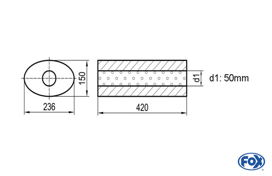 FOX Uni-Schalldämpfer oval ohne Stutzen - Abwicklung 618 236x150mm, d1Ø 50mm, Länge: 420mm