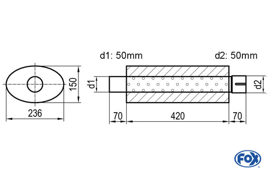 FOX Uni-Schalldämpfer oval mit Stutzen - Abwicklung 618 236x150mm, d1Ø 50mm  d2Ø 50,5mm, Länge: 420mm