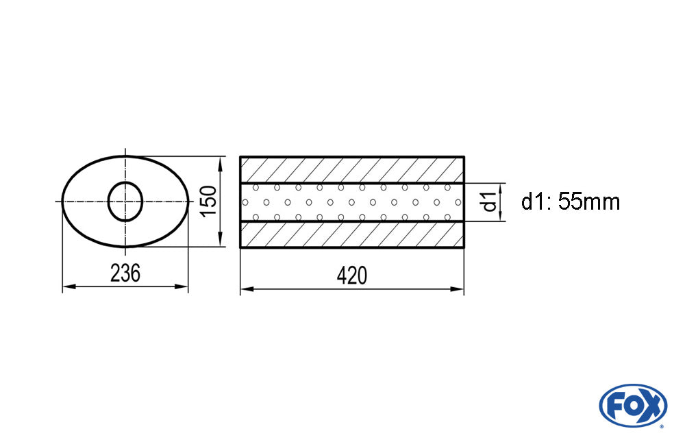 FOX Uni-Schalldämpfer oval ohne Stutzen - Abwicklung 618 236x150mm, d1Ø 55mm, Länge: 420mm