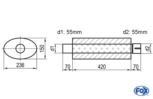 FOX Uni-Schalldämpfer oval mit Stutzen - Abwicklung 618 236x150mm, d1Ø 55mm  d2Ø 55,5mm, Länge: 420mm