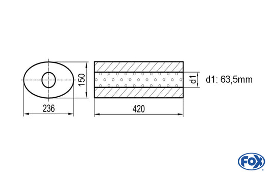 FOX Uni-Schalldämpfer oval ohne Stutzen - Abwicklung 618 236x150mm, d1Ø 63,5mm, Länge: 420mm