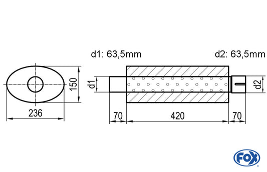 FOX Uni-Schalldämpfer oval mit Stutzen - Abwicklung 618 236x150mm, d1Ø 63,5mm  d2Ø 64mm, Länge: 420mm