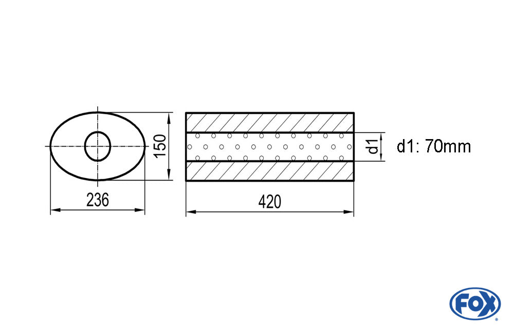 FOX Uni-Schalldämpfer oval ohne Stutzen - Abwicklung 618 236x150mm, d1Ø 70mm, Länge: 420mm