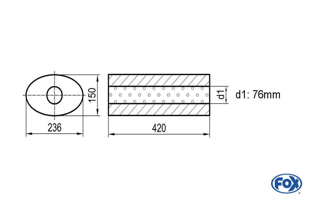 FOX Uni-Schalldämpfer oval ohne Stutzen - Abwicklung 618 236x150mm, d1Ø 76mm, Länge: 420 mm