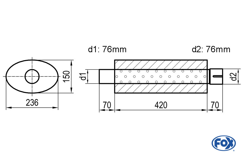 FOX Uni-Schalldämpfer oval mit Stutzen - Abwicklung 618 236x150mm, d1Ø 76mm  d2Ø 76,5mm, Länge: 420mm