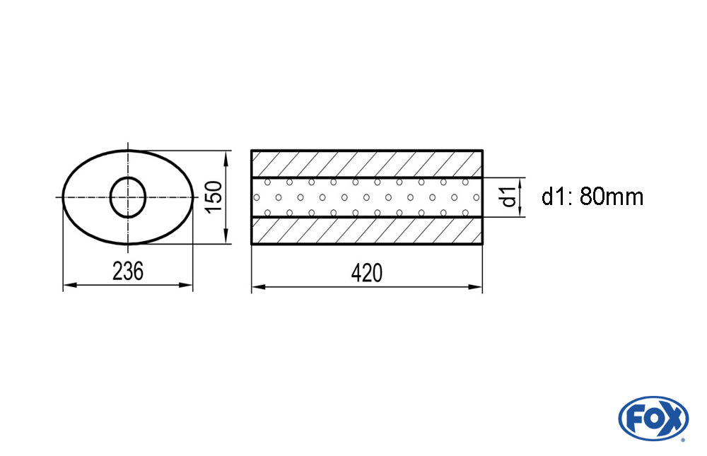 FOX Uni-Schalldämpfer oval ohne Stutzen - Abwicklung 618 236x150mm, d1Ø 80mm außen, Länge: 420mm