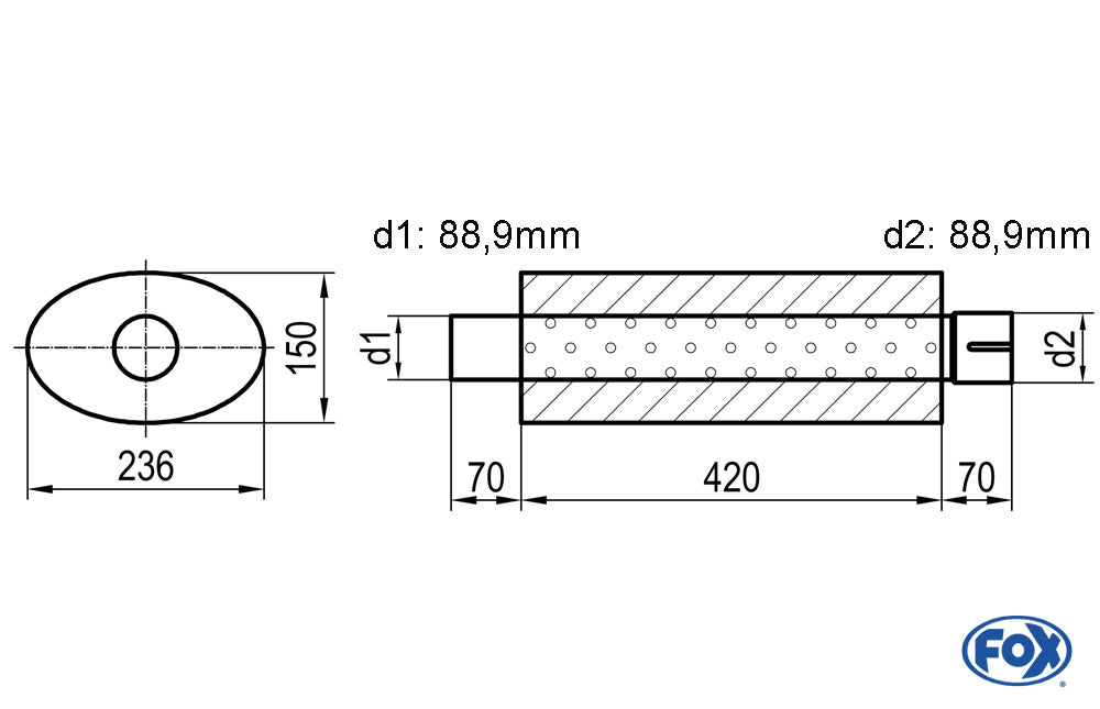 FOX Uni-Schalldämpfer oval mit Stutzen - Abwicklung 618 236x150mm, d1Ø 88,9mm außen / d2Ø 88,9mm innen, Länge: 420mm