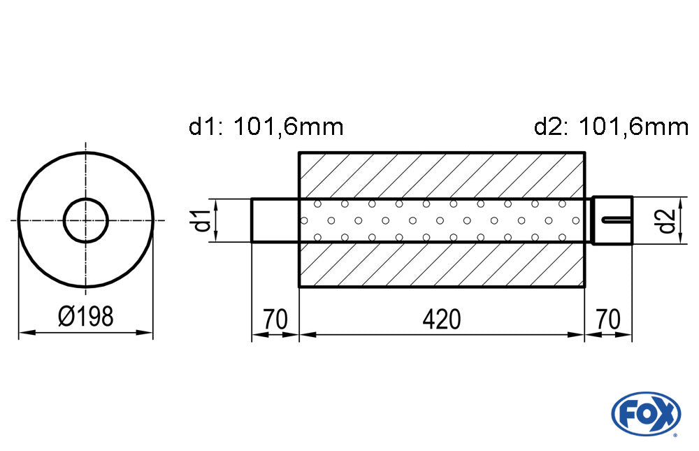 FOX Uni-Schalldämpfer rund mit Stutzen - Abwicklung 626 Ø 198mm, d1Ø 88,9mm  d2Ø 88,9mm, Länge: 420mm