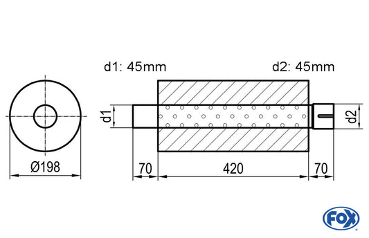 FOX Uni-Schalldämpfer rund mit Stutzen - Abwicklung 626 Ø 198mm, d1Ø 101,6mm  d2Ø 101,6mm, Länge: 420mm