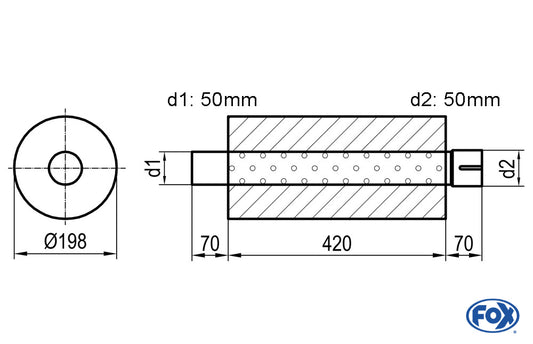 FOX Uni-Schalldämpfer rund mit Stutzen - Abwicklung 626 Ø 198mm, d1Ø 45mm  d2Ø 45,5mm, Länge: 420mm