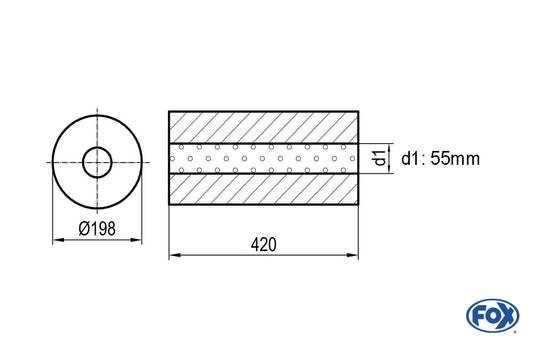 FOX Uni-Schalldämpfer rund ohne Stutzen - Abwicklung 626 Ø 198mm, d1Ø 50mm, Länge: 420mm -Ø 198mm