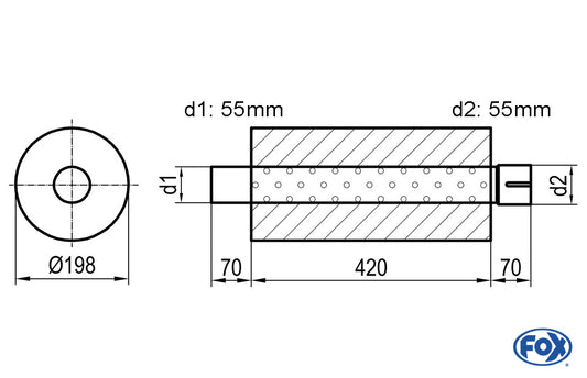 FOX Uni-Schalldämpfer rund mit Stutzen - Abwicklung 626 Ø 198mm, d1Ø 50mm  d2Ø 50,5mm, Länge: 420mm