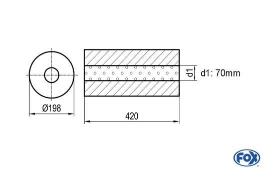 FOX Uni-Schalldämpfer rund ohne Stutzen - Abwicklung 626 Ø 198mm, d1Ø 63,5mm, Länge: 420mm -Ø 198mm