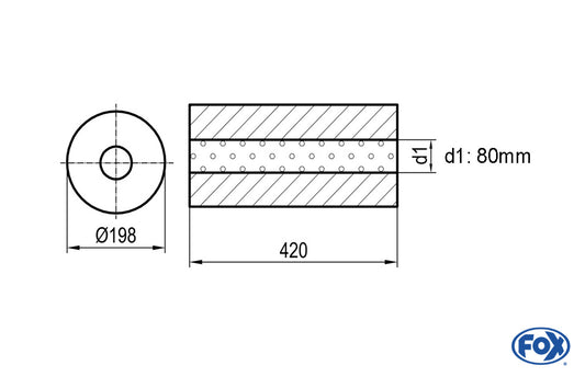 FOX Uni-Schalldämpfer rund ohne Stutzen - Abwicklung 626 Ø 198mm, d1Ø 76mm, Länge: 420mm -Ø 198mm