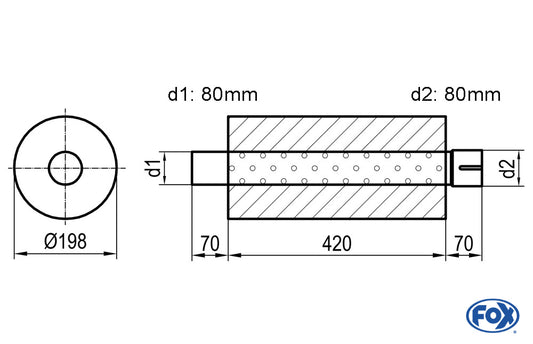 FOX Uni-Schalldämpfer rund mit Stutzen - Abwicklung 626 Ø 198mm, d1Ø 76mm  d2Ø 76,5mm, Länge: 420mm