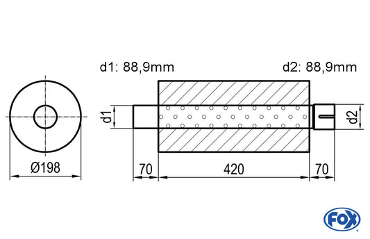 FOX Uni-Schalldämpfer rund mit Stutzen - Abwicklung 626 Ø 198mm, d1Ø 80mm  d2Ø 80,5mm, Länge: 420mm