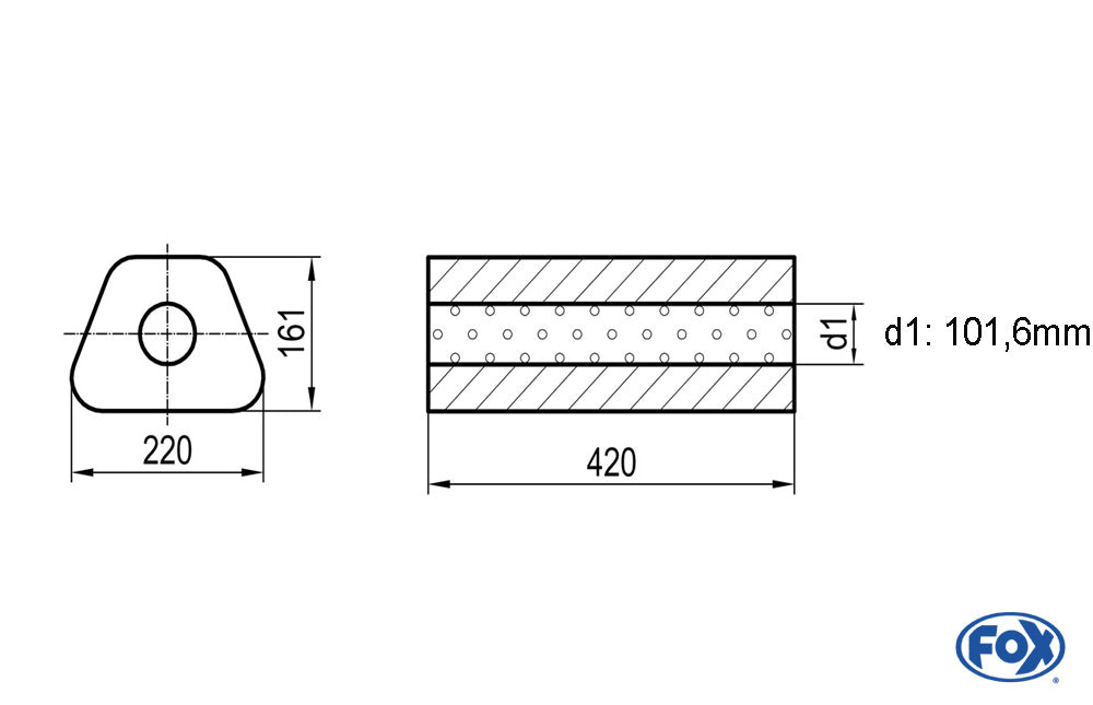 FOX Uni-Schalldämpfer Trapezoid ohne Stutzen - Abwicklung 644 220x161mm, d1Ø 101,6mm, Länge: 420mm