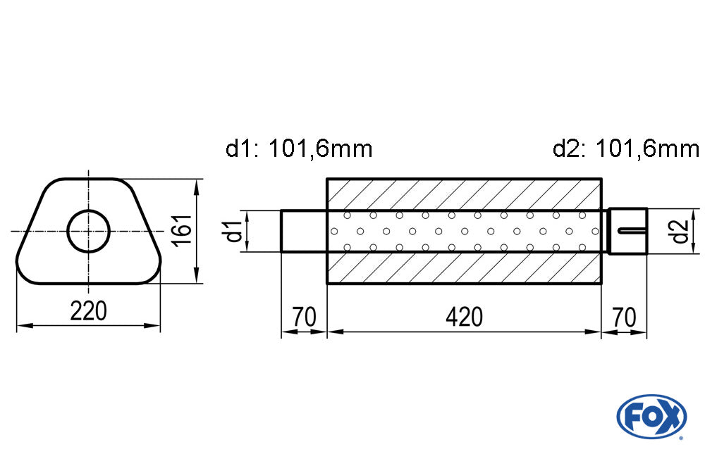 FOX Uni-Schalldämpfer Trapezoid mit Stutzen - Abwicklung 644 220x161mm, d1Ø 101,6mm  d2Ø 101,6mm, Länge: 420mm