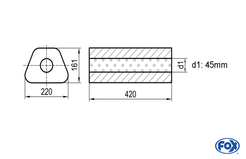 FOX Uni-Schalldämpfer Trapezoid ohne Stutzen - Abwicklung 644 220x161mm, d1Ø 45mm, Länge: 420mm