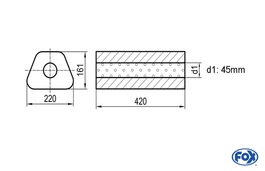 FOX Uni-Schalldämpfer Trapezoid ohne Stutzen - Abwicklung 644 220x161mm, d1Ø 45mm, Länge: 420mm