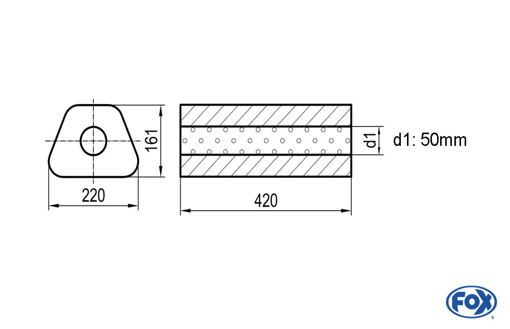 FOX Uni-Schalldämpfer Trapezoid ohne Stutzen - Abwicklung 644 220x161mm, d1Ø 50mm, Länge: 420mm