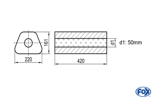 FOX Uni-Schalldämpfer Trapezoid ohne Stutzen - Abwicklung 644 220x161mm, d1Ø 50mm, Länge: 420mm