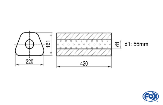 FOX Uni-Schalldämpfer Trapezoid ohne Stutzen - Abwicklung 644 220x161mm, d1Ø 55mm, Länge: 420mm