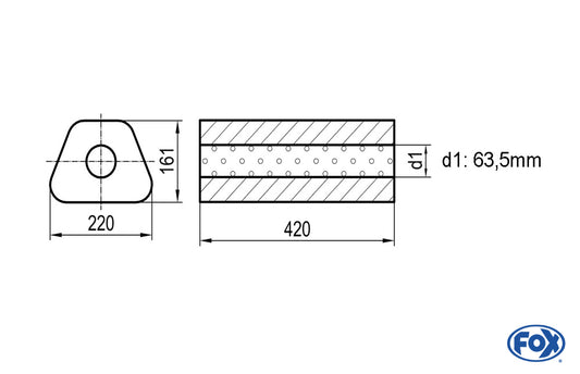 FOX Uni-Schalldämpfer Trapezoid ohne Stutzen - Abwicklung 644 220x161mm, d1Ø 63,5mm, Länge: 420mm