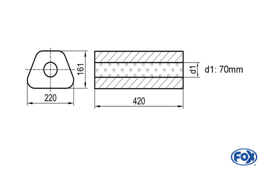 FOX Uni-Schalldämpfer Trapezoid ohne Stutzen - Abwicklung 644 220x161mm, d1Ø 70mm, Länge: 420mm