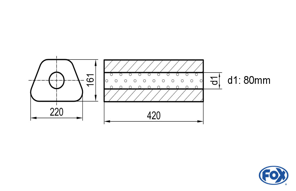 FOX Uni-Schalldämpfer Trapezoid ohne Stutzen - Abwicklung 644 220x161mm, d1Ø 80mm, Länge: 420mm